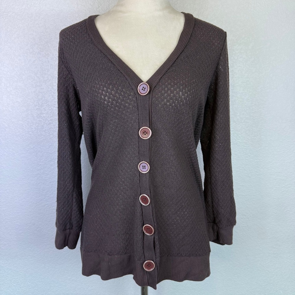 Brown Textured Pointelle Knit‎ V-Neck Button Front Cardigan Sweater Womens Boho